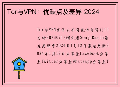 Tor与VPN：优缺点及差异 2024 